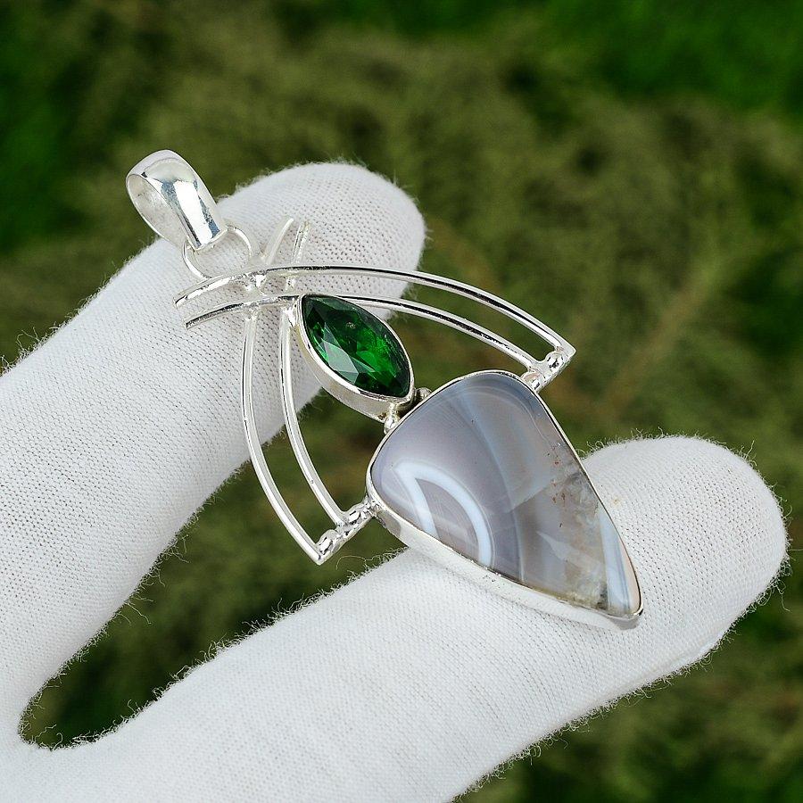 Trillion Botswana Agate Stone Chrome Diopside Pendant Jewelry Sterling Silver