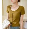 Women's Single Row of Buttons T-shirt Short-sleeved Summer New Threaded Cotton High-waisted Short Tops