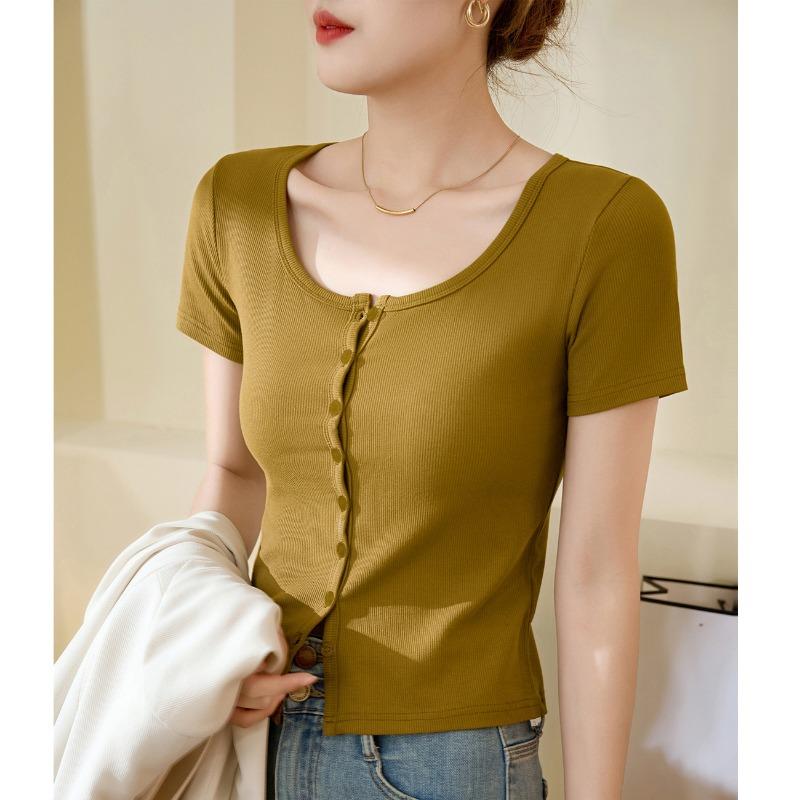 Women's Single Row of Buttons T-shirt Short-sleeved Summer New Threaded Cotton High-waisted Short Tops