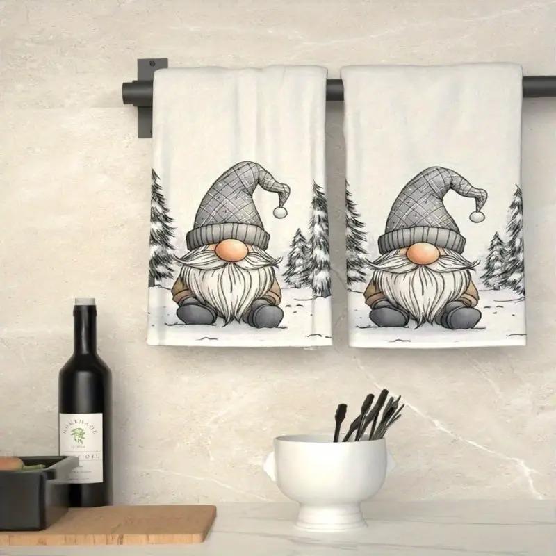 

2pcs Christmas Gnome Kitchen Towels - Extra Soft Microfiber, Cute Cartoon Gnome Art with Winter Hat & Snowy Trees Design