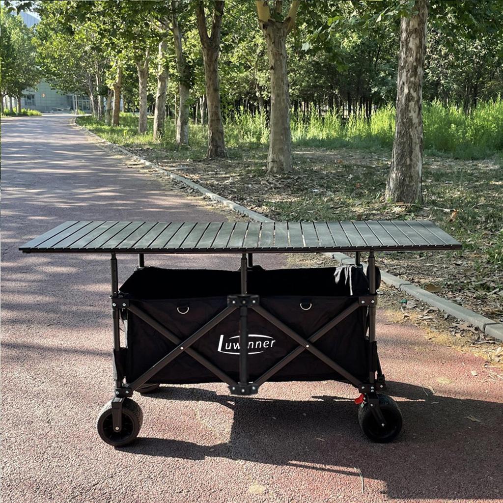 Adjustable Folding Handcart with Umbrella, Elevated Canopy & Table Top for Street Stalls or Camping.
