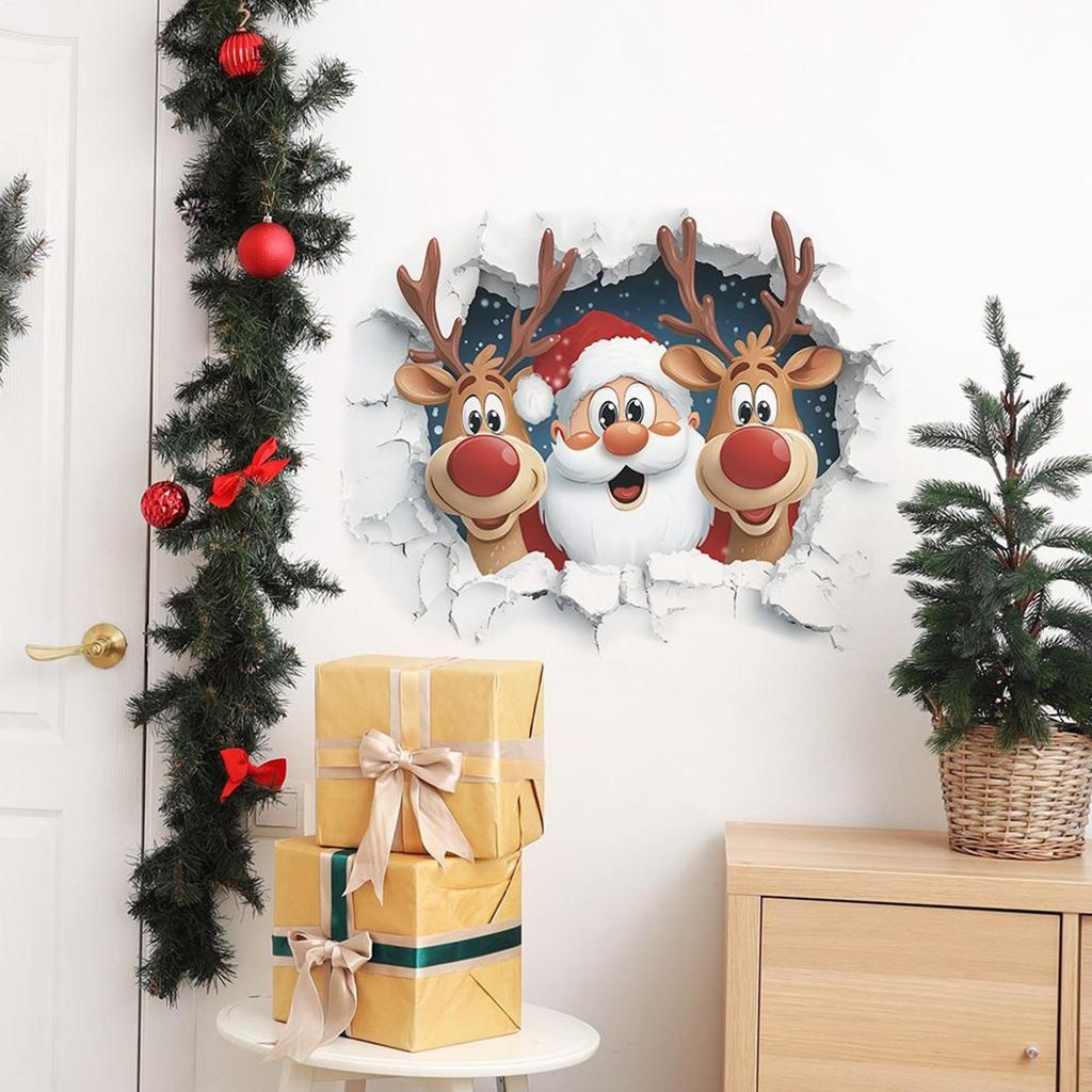 Santa Claus Wall Stickers Removable 3D Effect Christmas Cartoon Decals Santa Reindeer Living Room Stickers for Dorm Office Party