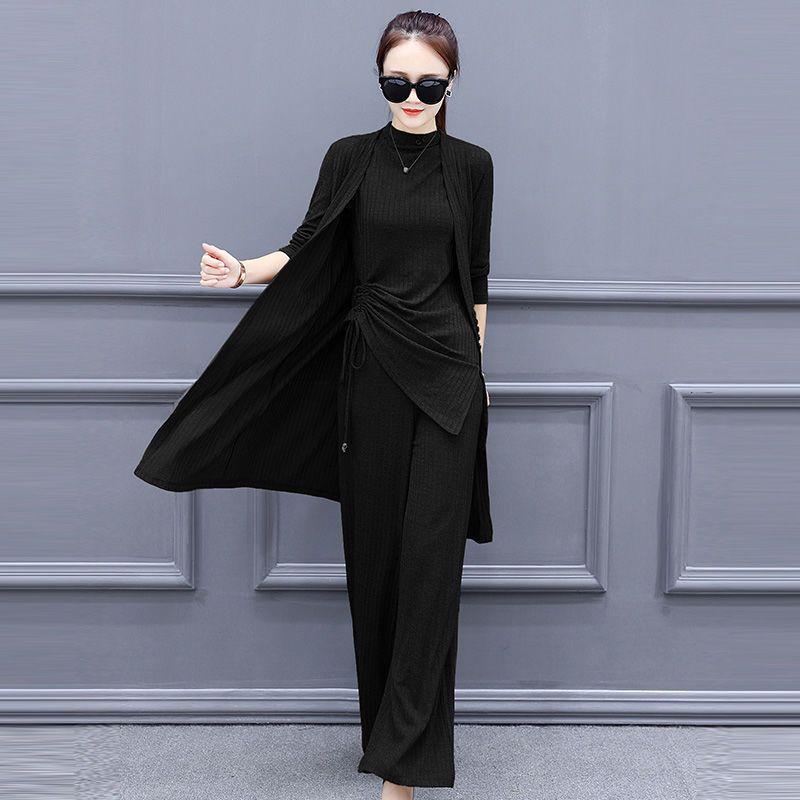 Plus Size Women's Slimming Wide-Leg Pants Suit Set - Spring/Autumn 2026 Style, Semi-High Neck, Casual Three-Piece.