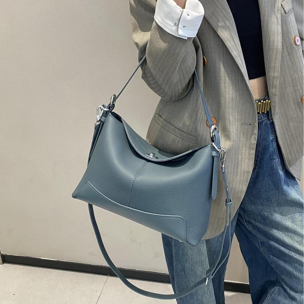 Women's Hazy Blue Cowhide Underarm Tote Bag, Large Capacity, Soft Leather Crossbody for Commuting