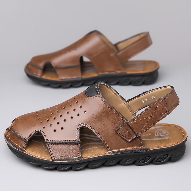Men Brown Flats Slippers Summer Outdoor Wide Head Hiking Sandals Retro Black Leather Closed Toe Beach Shoes Plus Size