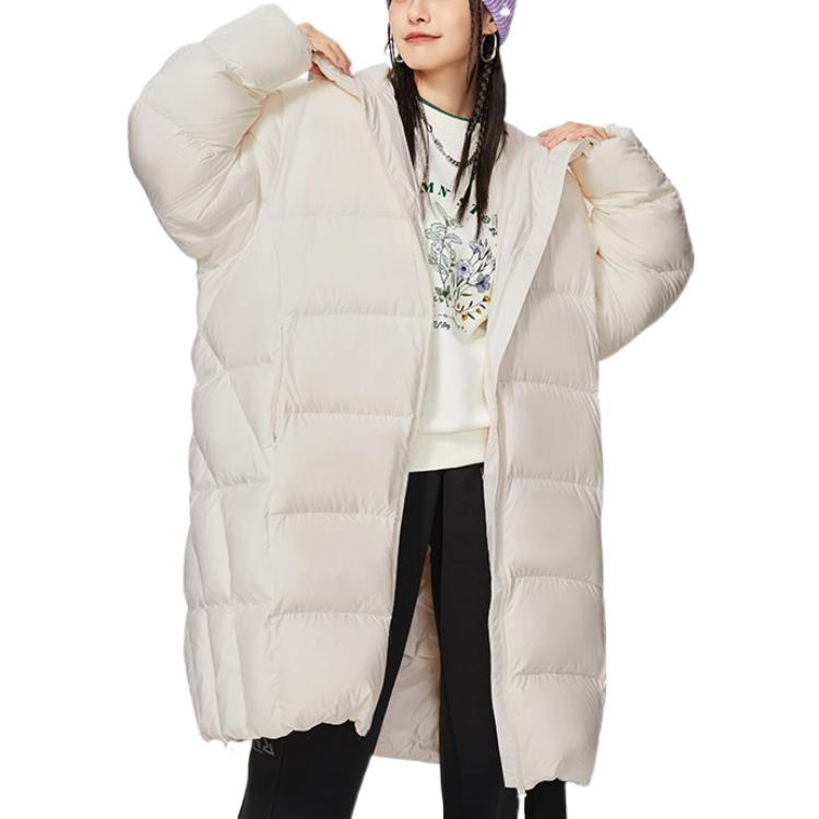 Li Ning Sports Lifestyle Series Solid Color Zipper Hooded Loose Long Duck Down Jacket Women Outerwear AYMS404-1