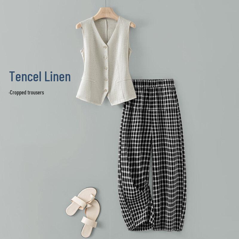 IHIMI Women s Lyocell Linen Vest & Plaid Cropped Pants Set 2XL