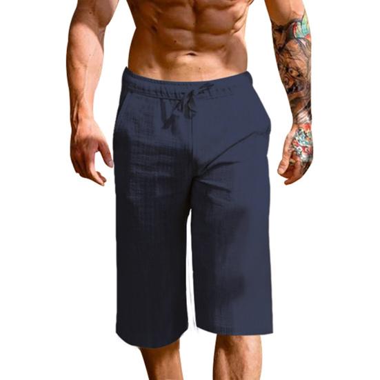 Men Cropped Pants Elastic Waist Drawstring Loose Straight Pockets Solid Color Soft Casual Thin Quick Dry Men Summer Shorts XL