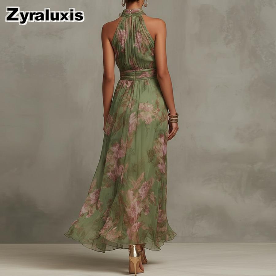 Spring New Women's Dresses Imported Floral Print Maxi Dress with V-Neck Sleeveless