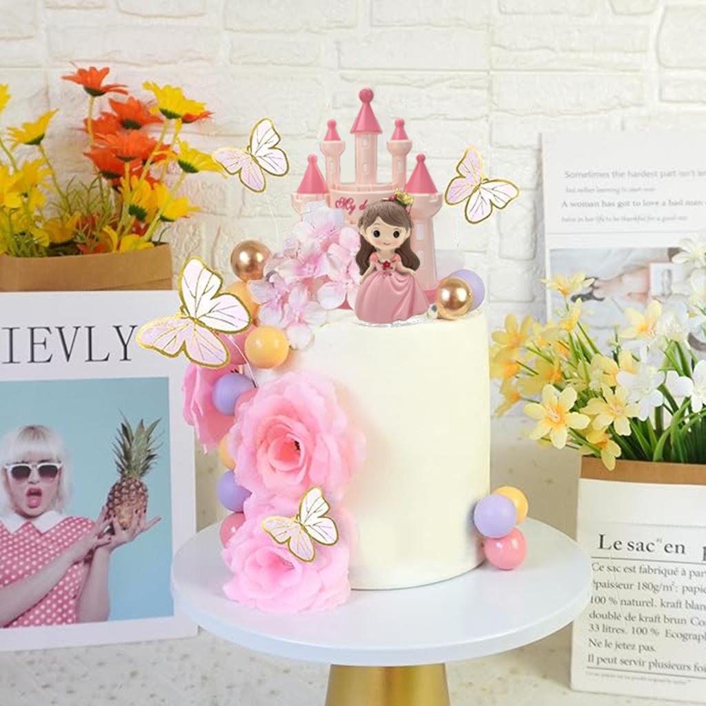 40 PCS Princess Cake Topper Castle Cake Decoration with Butterflies Artificial Flowers and Balls for Girls Kids Happy Birthday P