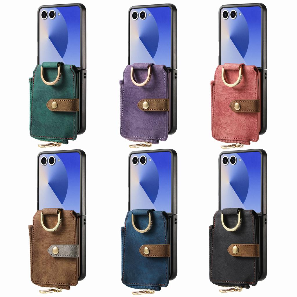 Fashion Zipper Ring Holder Cards Solt Wallet Leather Case for Samsung Galaxy Z Flip 8 7 6 5 4 3 Shockproof Portable Slim Cover