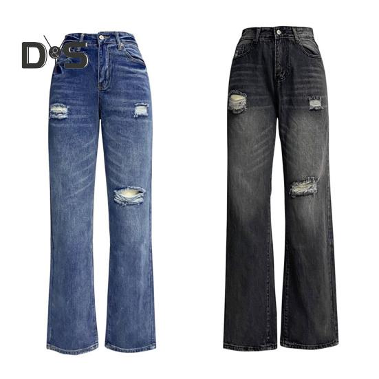 Damen-Jeans mit Taschen, hoher Taille, zerrissen, einfarbig, lange Hose, gerade Hose mit weitem Bein für den täglichen Weg zur Arbeit