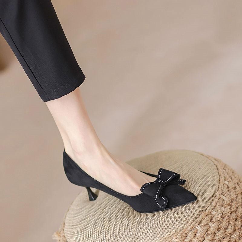 

Fashion Slip-on Slim Heel Single Shoes Autumn New Pointed Toe Shallow Mouth Bow Non-Slip Wear-Resistant High Heels 34