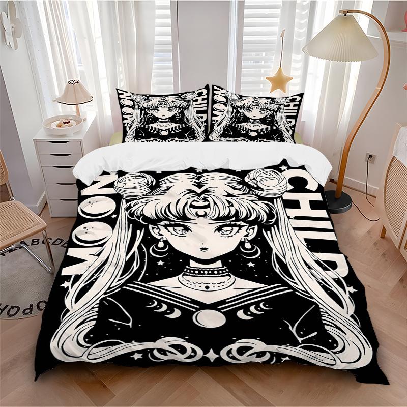 3pcs Sailor Moon's Printed Bedding Set, Soft and Comfortable Quilt Cover for Bedroom, Guest Room (1 Duvet Cover + 2 Pillowcases, Pillow Core