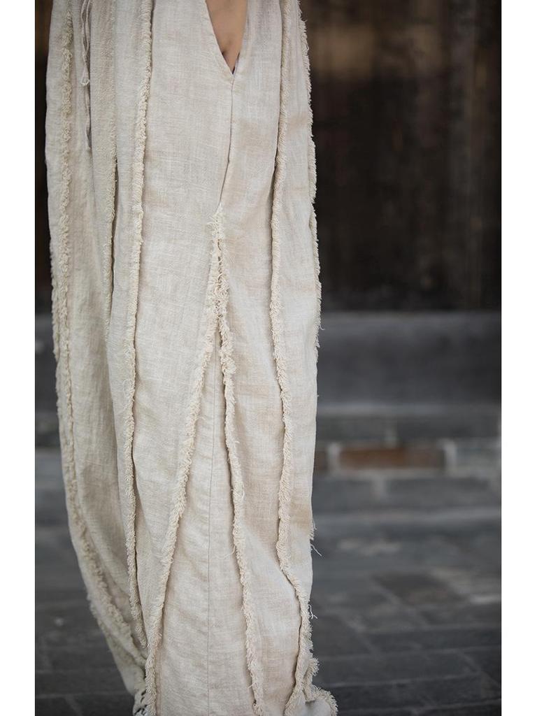 Women's Spring & Summer Ramie Flannel Pants - National Style, Improved Chinese Straight Cut with Drawstring.