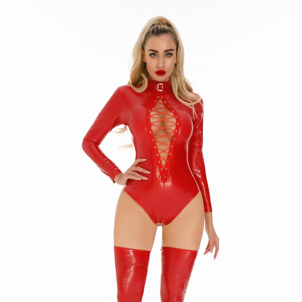 Body Cosplay da Cameriera Sexy da Donna Taglio Alto Benda Foro Stretto Catsuit in Ecopelle PU Lattice Lucido Pezzo Unico Leotard