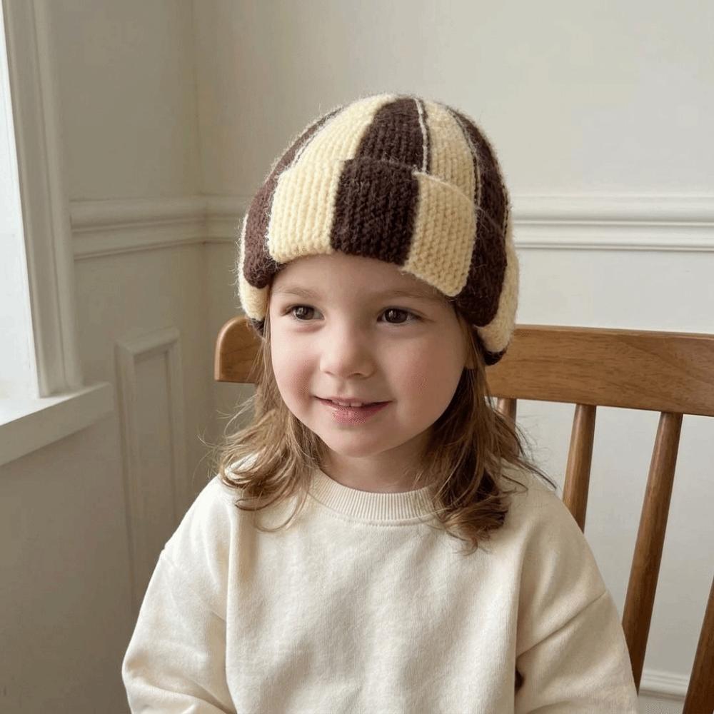 Thick Striped Beanie Hat Color Blocked Children Warm Hat Fashion Knitted Cap Gift