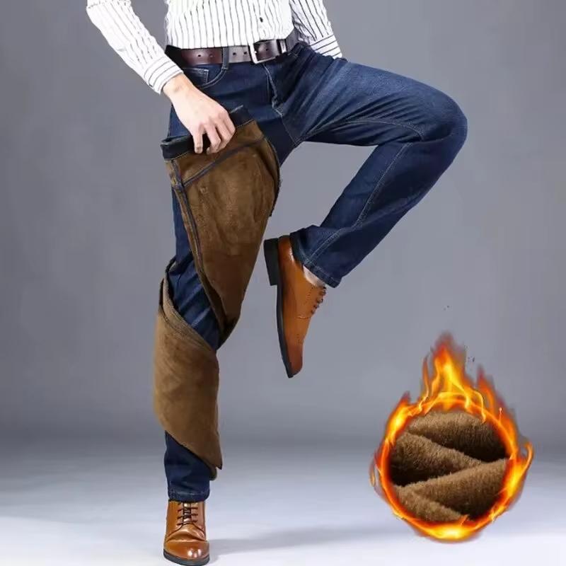 Herren Jeans mit reflektierendem Fleece-Futter - Dickes warmes Futter, Strapazierfähiger Denim & Reflektierende Besätze, Sicher für den Winter-Nacht-Arbeitsweg & Freizeit