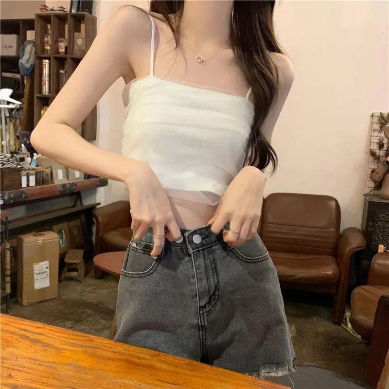 White Mesh Suspender Tank Top for Women's Summer Short Slim Fit and Strapless