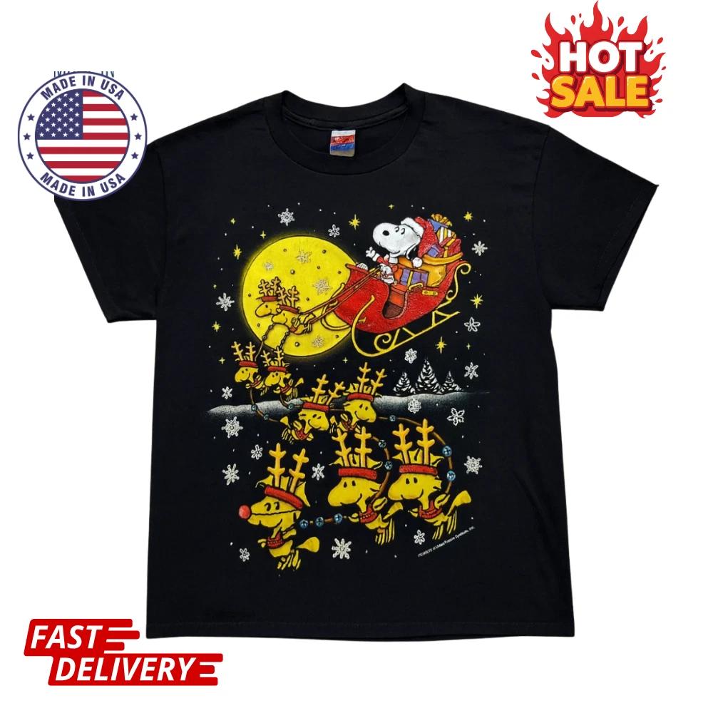 

SALE Snoopy Christmas T shirt Gildan Woodstock Santa Sleigh Peanuts Inspired NEW M