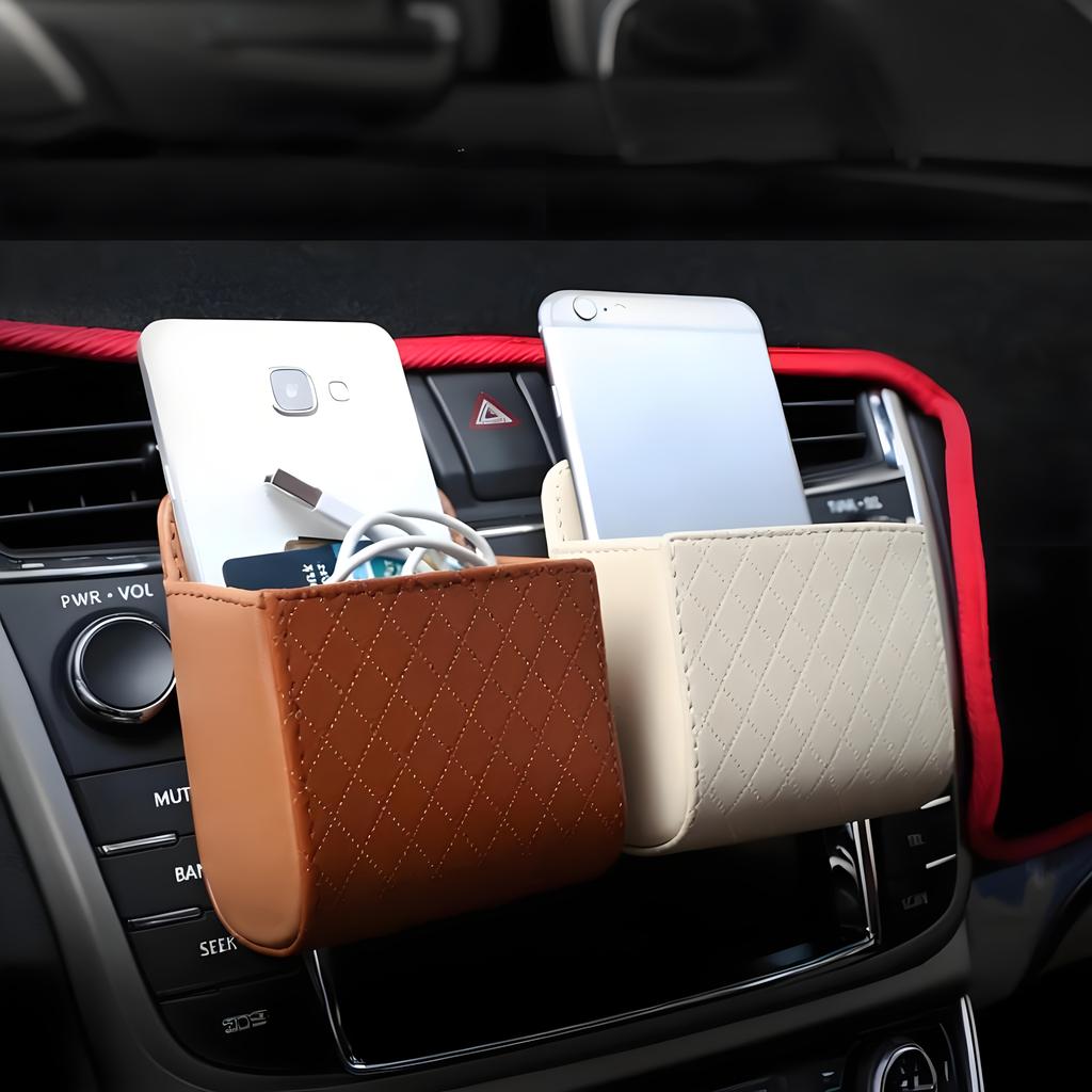 Car Vent Organizer - PU Leather Multi-Functional Air Vent Storage Box with Phone Holder, Compact Dashboard Organizer for Car Interior Accessories