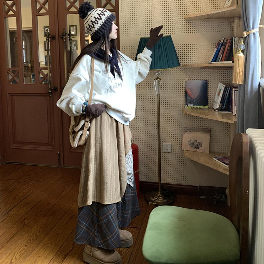 DIMANAF 2025 Herbst Frühling Damen Neue Röcke Kariert Locker Elastischer Bund Plissiert Elegant Lange Röcke