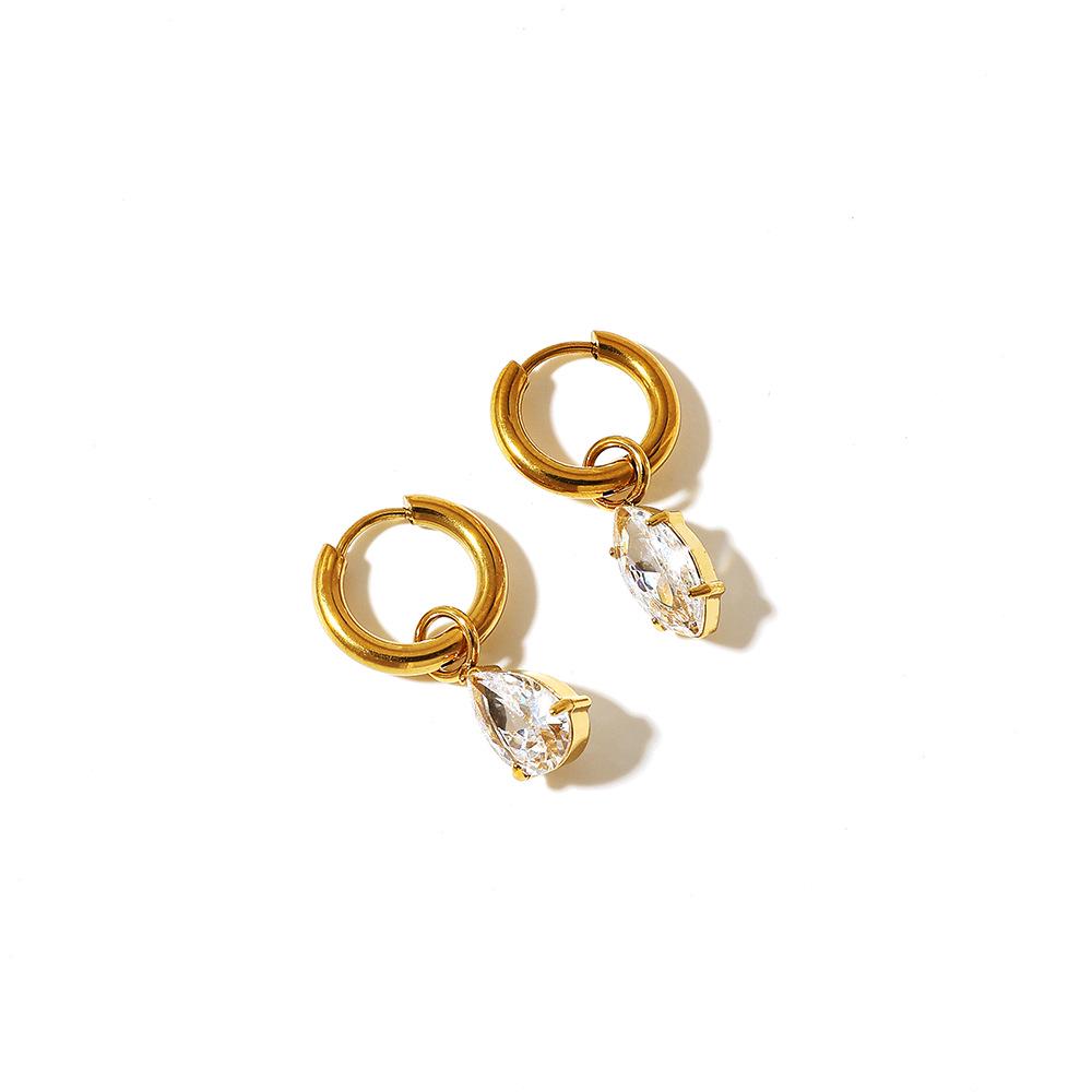 European & American Style Zircon Water Drop Earrings - High Polished Stainless & Titanium Steel, Vacuum Plated 18K Gold, Waterproof.