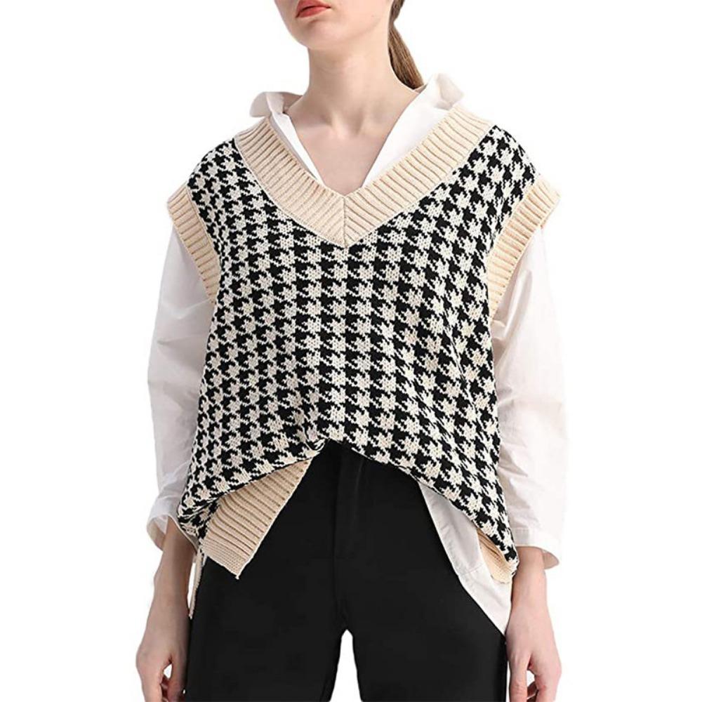 Loose Knitted Vest Sweater Women Sleeveless Thick Vintage Sweater Vest Female Waistcoat Chic Tops  Houndstooth Women Clothing