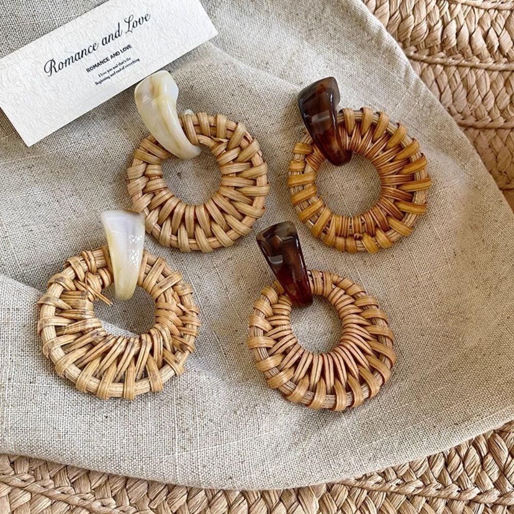 Round Rattan Weave Earrings Flower Beach Jewelry Cute Bohemian Drop Earrings  Wedding
