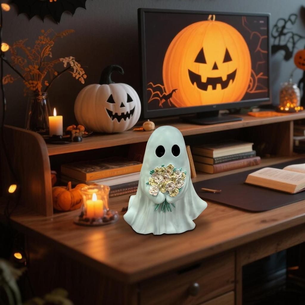 Ghost Figurine Resin Ghost Halloween Decor With Flowers Spooky Decoration Ornament Figure For Tabletop Entryway Bedroom Living