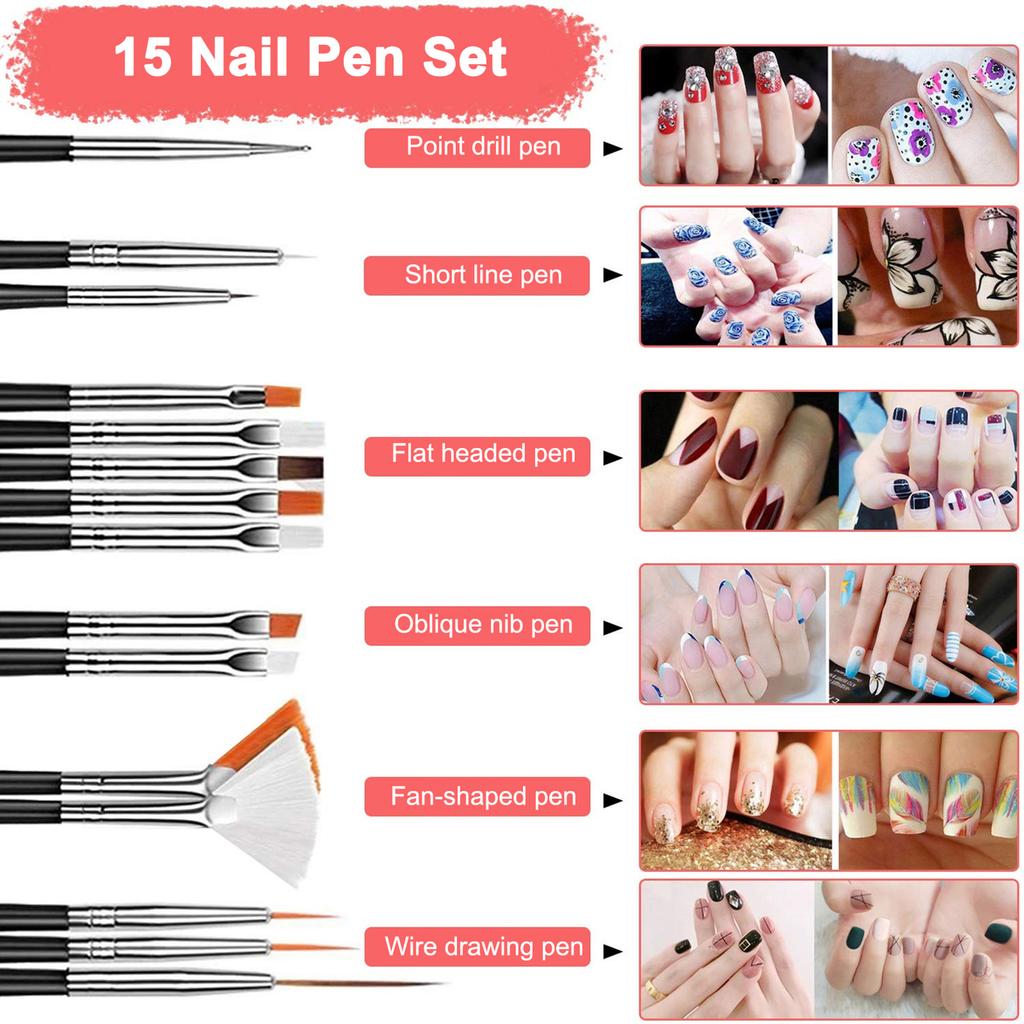 Nagelkunst Zubehör Set Nageldekorations-Kit 15 Stück Nagelstifte 5 Stück Doppelseitige Dotting-Stifte Nagelsticker Nagel Goldfolie 10 Farben Metallische Fäden Nagel