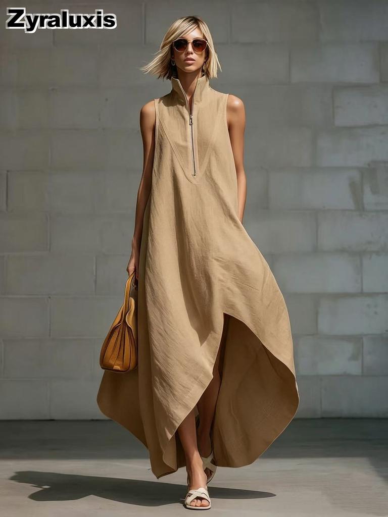 New  Fashion Minimalist Sleeveless Zippered Loose Cotton Linen Dress for Women