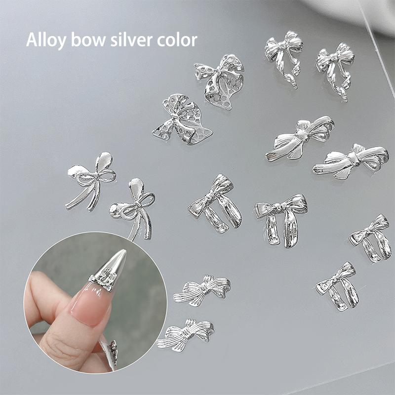 10 Pcs Glossy Silver Ribbon Nail Art Charm 3D Metal Alloy Bows Silk Ribbon Nail Decoration Diy Retro Metallic Nail Accessories