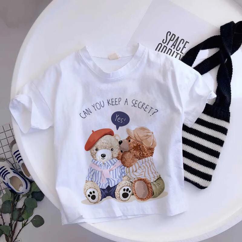 Girls Fashionable Pure Cotton TShirt with Teddy Bear Cartoon Pattern Summer Clothing Fun Childrens Wear Y2K Style