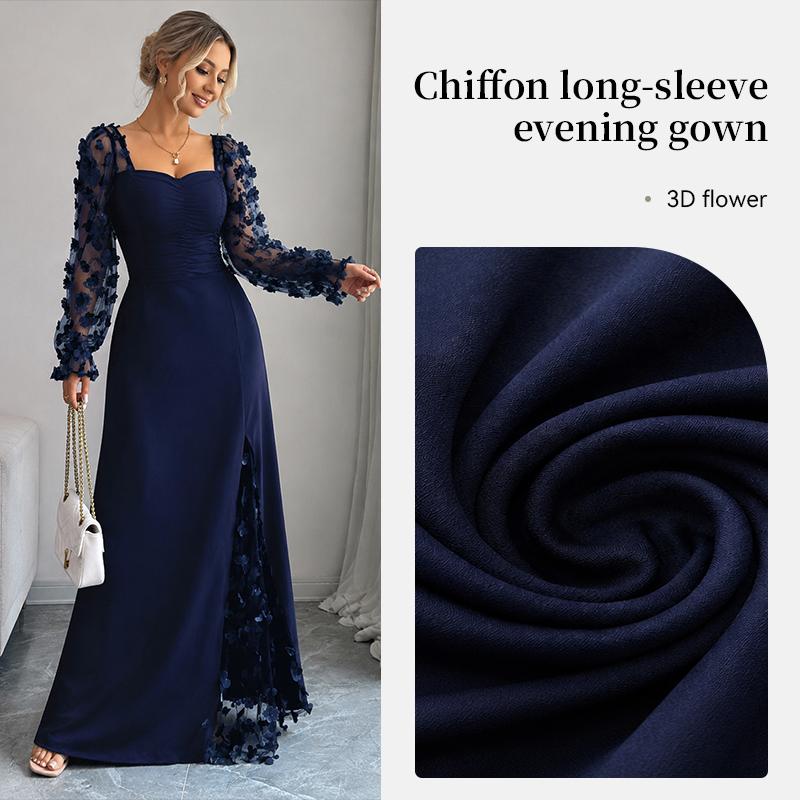 Damen Elegantes Quadratischer Ausschnitt Blasenärmel Langarm Mesh-Einsatz Jacquard Maxikleid 3D Schlankmachend A-Linie Schwingend Langkleid