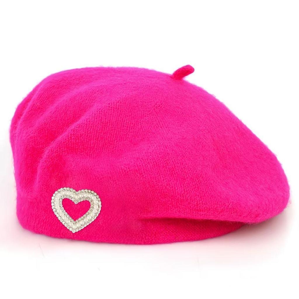 New autumn and winter wool beret women's pearl love rhinestone French face small warm painter hat