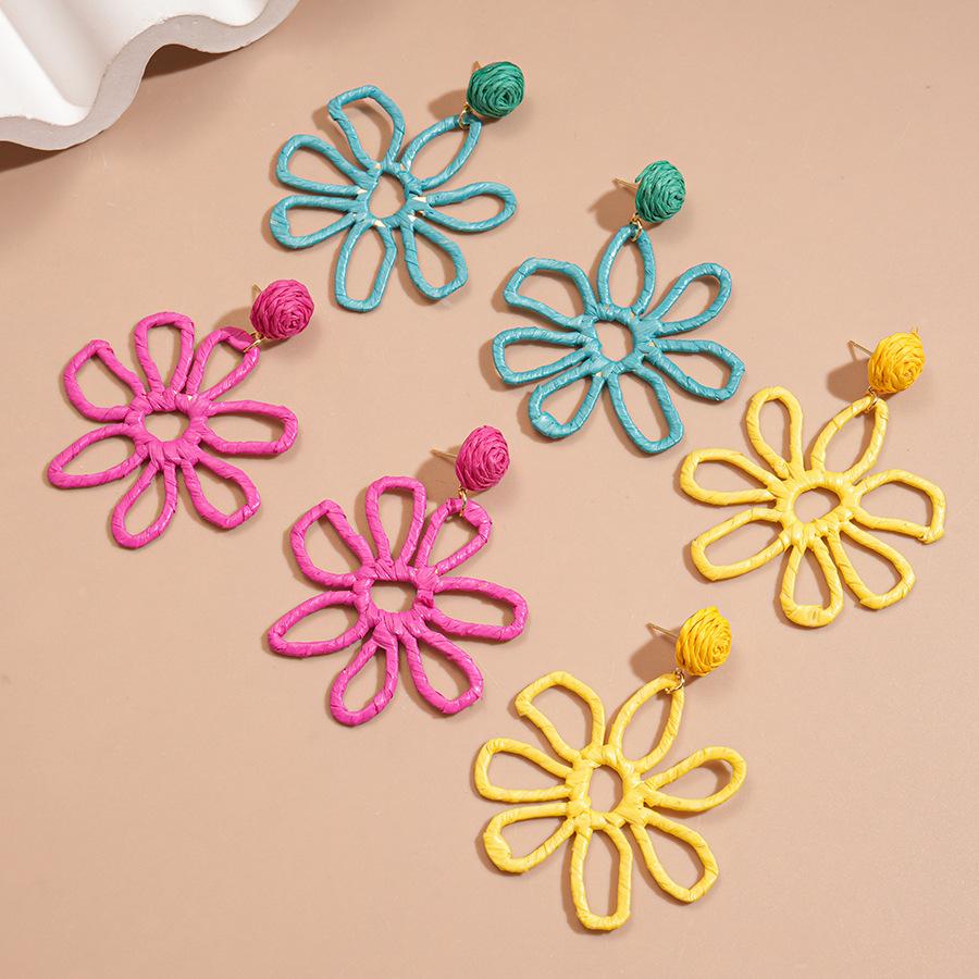 Holiday style raffia woven hollow flower silver needle earrings fashionable and sweet temperament earrings