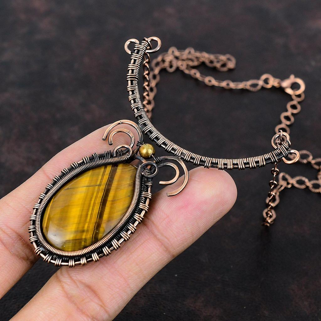 Tiger's Eye Necklace Copper Wire Wrapped Necklace Handmade Jewelry Adjustable Necklace Natural Gemstone Necklace Wedding Gift Copper Jewelry