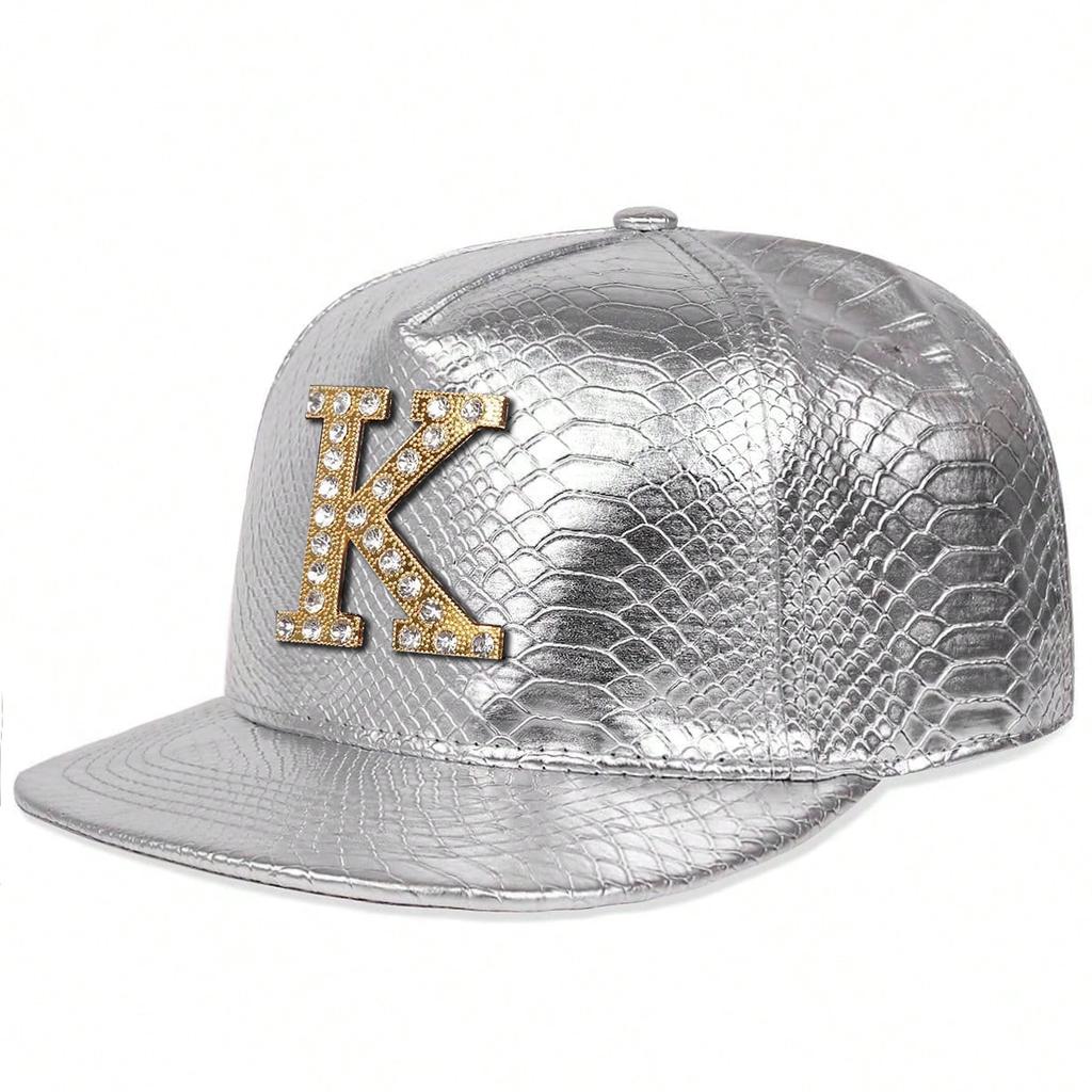 Metal K Letter Crocodile Grain PU Leather Hip-hop Hat Unisex Flat Top Baseball Cap Fashionable Outdoor Sunscreen Hats Leisure Travel Caps