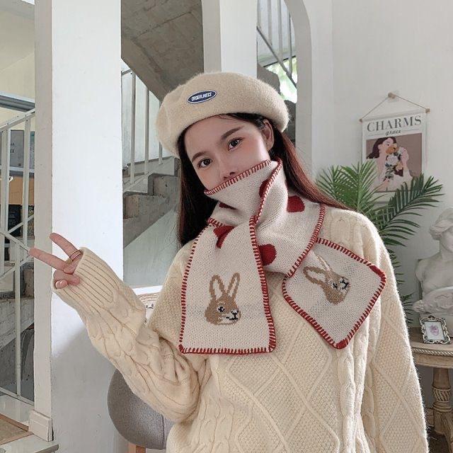 Love Rabbit Wool Scarf Women's Winter Long College Style Korean Version Warm Cartoon Knitted Neck Protector Versatile Scarf