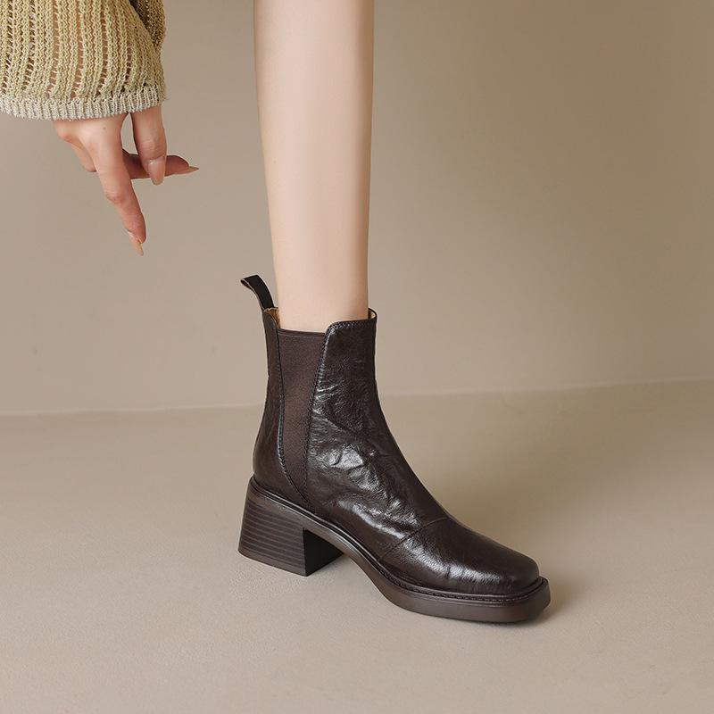 British Chelsea Boots Women's Soft Leather Coarse Heel French Retro Square Head High Heel Elastic Skinny Short Boots Martin Boots