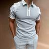 Mens Casual Houndstooth Color Block Short Sleeve Zip Up Polo Shirt