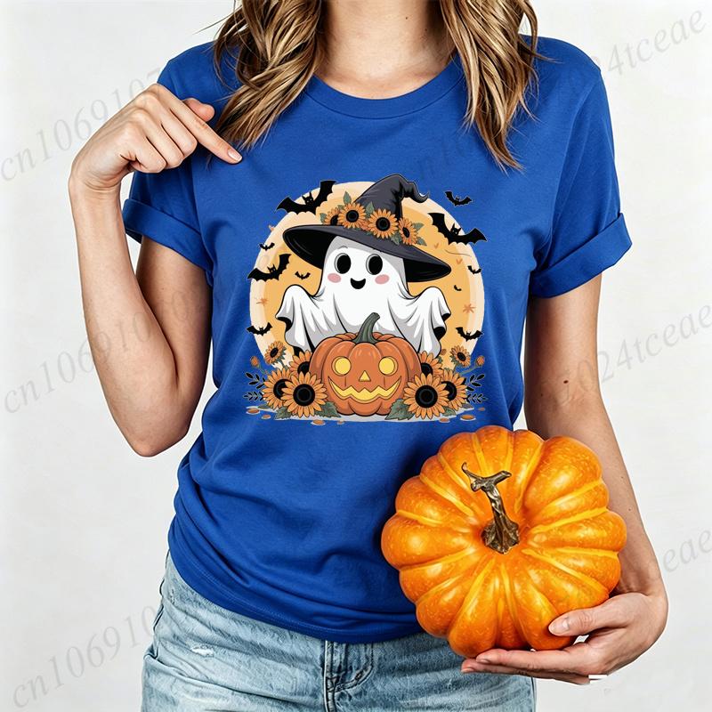Women's Halloween T-Shirt Halloween-ghost-with-sunflower-hat-and-pumpkin-spooky-fun-with-bats-and-fall-vibes Print T-Shirts Gift