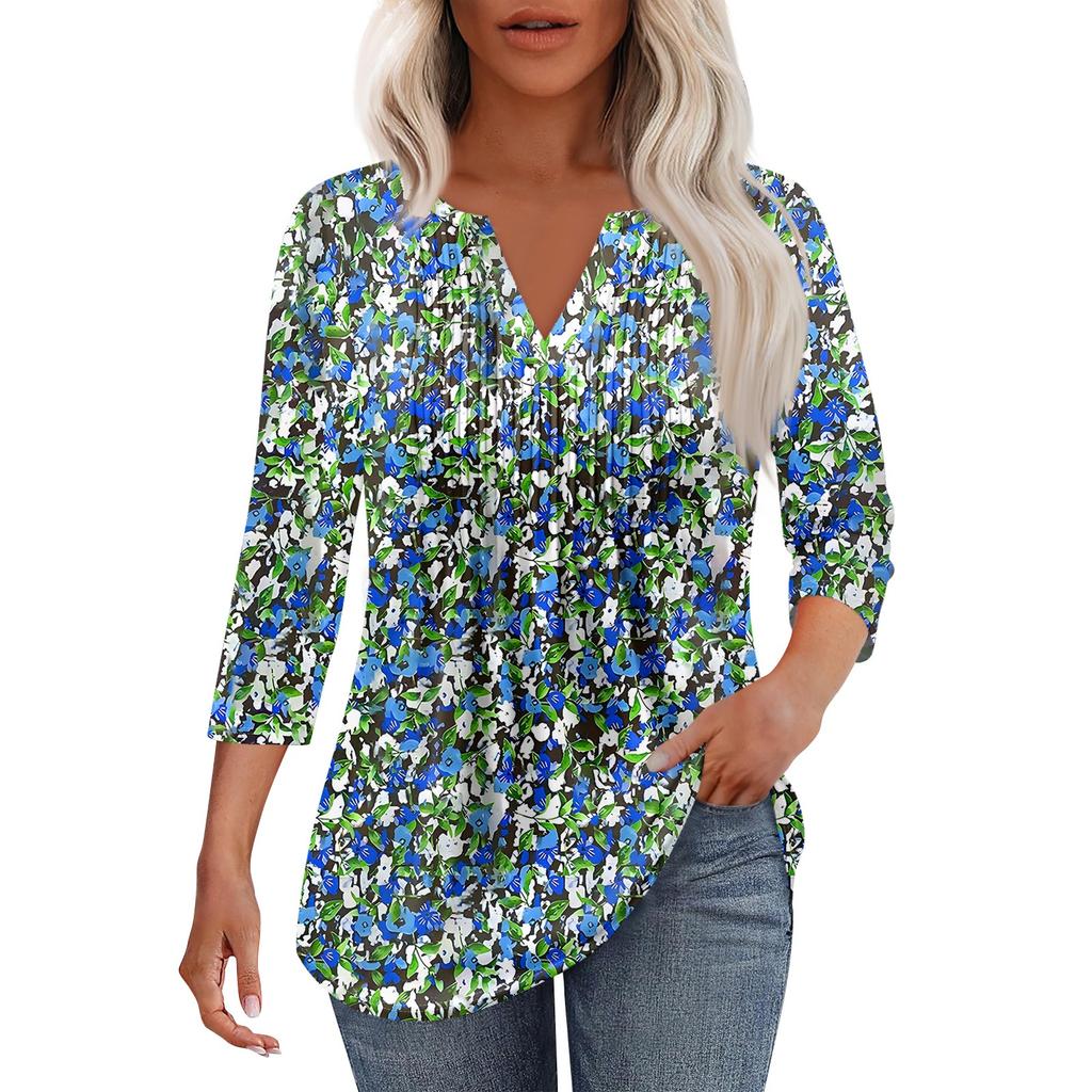 Damska modna, swobodna, plisowana koszulka z dekoltem w serek i jednolitym kolorem, z rękawem 7/4