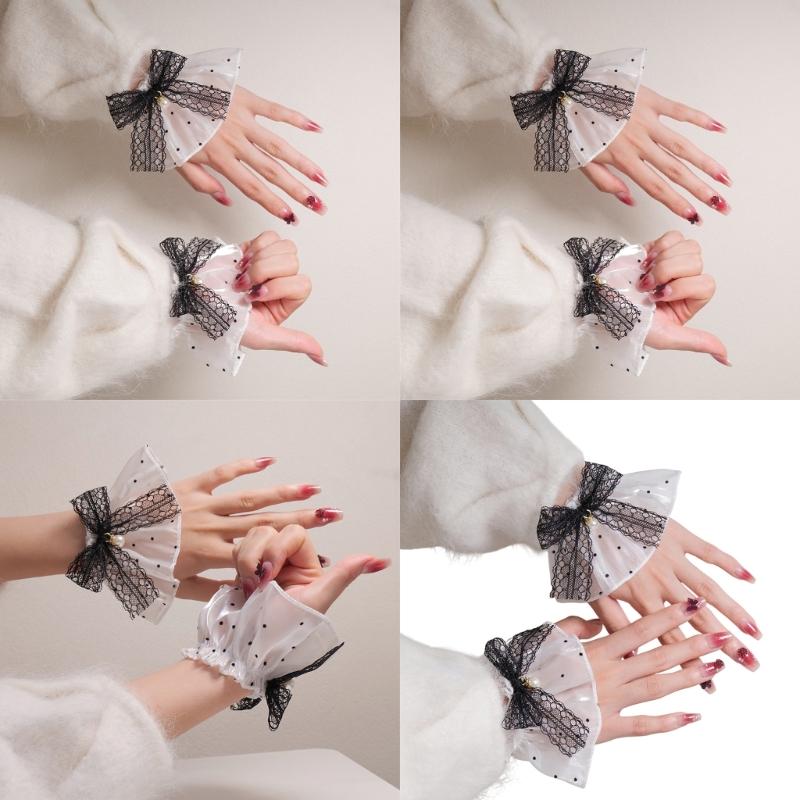 Elegant Lace Sleeves Wrist Cuffs with Artificial Pearls And Bowknot Decors For Daily Outfit Various Event Dressingup