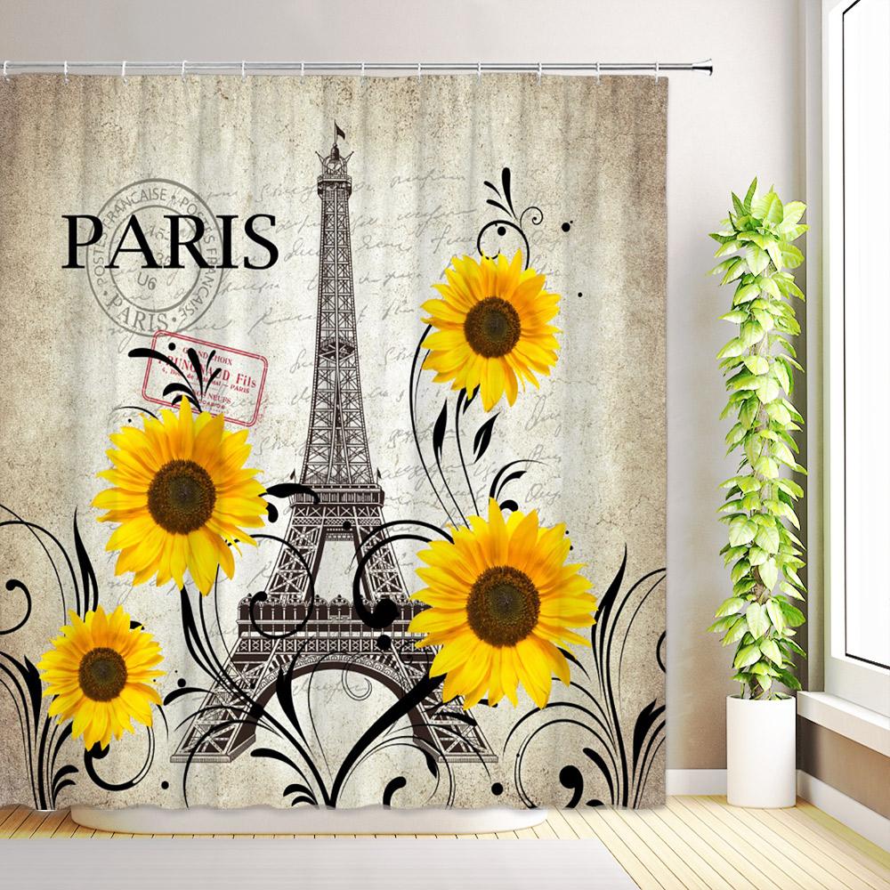 Butterfly Watercolor Floral Shower Curtain Romantic Paris Eiffel Tower Red Rose Flowers Plant Leaves Bathroom Decor with Hooks
