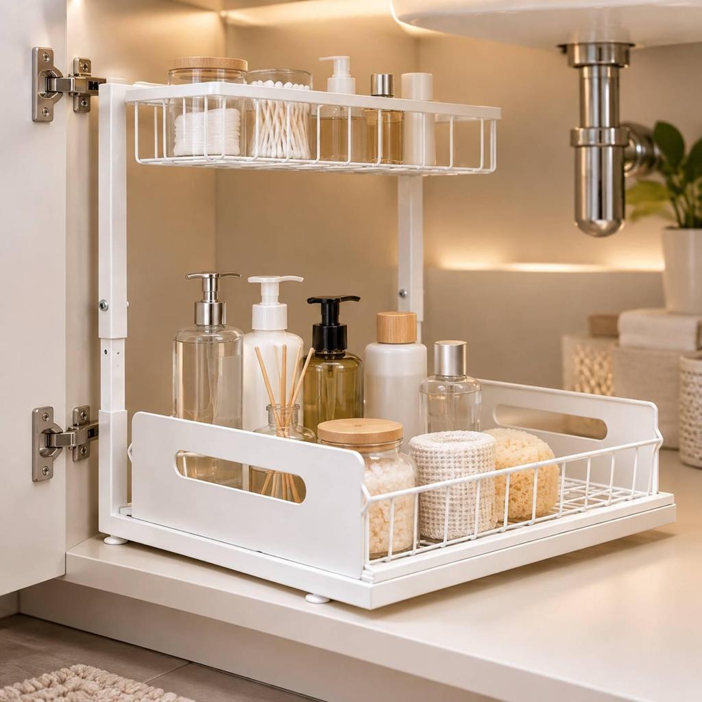 Adjustable Cabinet Organizer Rack Stable Under-Sink with Pull-out Basket