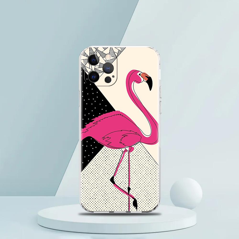 For iPhone 15 16 14 13 12 mini 11 Pro Max XS X XR SE 7 8 Plus Silicone Clear Cover lovely Pink Flamingos leaf Phone Case