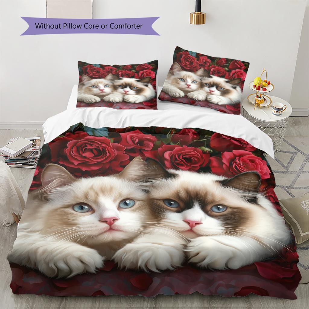 Ragdoll Cat and Rose Pattern Bedding Home Decoration Birthday Gift (1 * Duvet Cover + 2 * Pillowcase, Without Core)