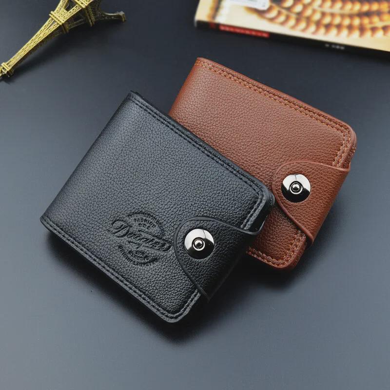 Men's Short Wallet with Magnetic Buckle, Multi-card Slots, Large Capacity, and Litchi Pattern - European & American Fashion.